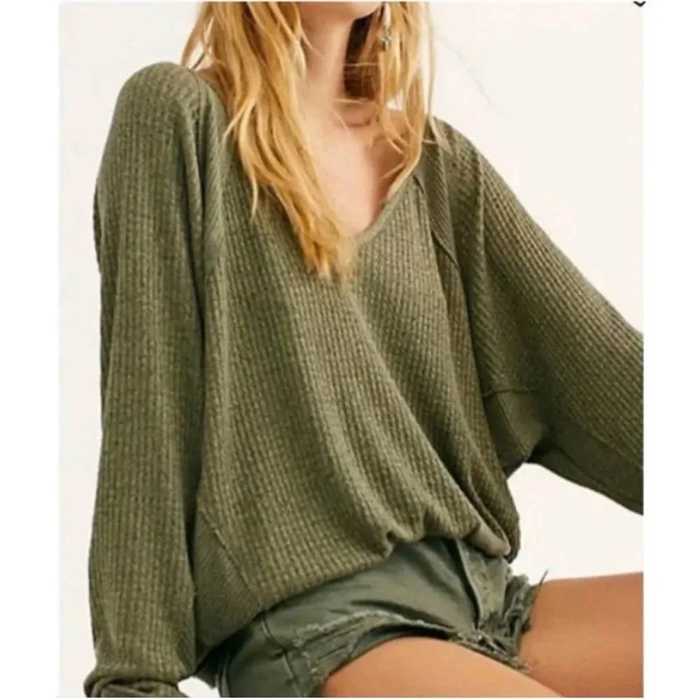 Free People Santa‎ Clara Thermal BOHO Long Sleeve V-Neck Shirt Top Ferngully NWT